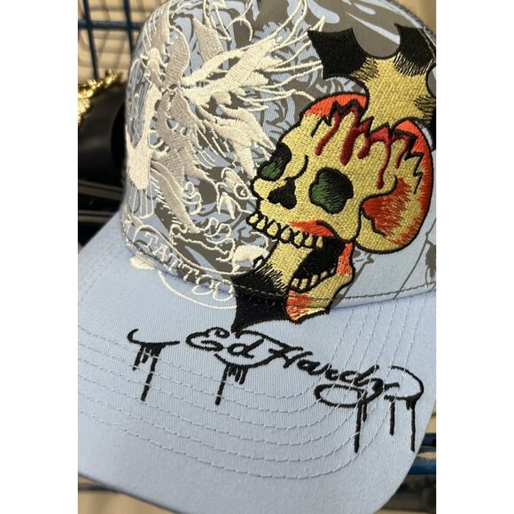 Ed Hardy Trucker Hat Embroidered Tattoo Eagle Skull Blue Mesh Snapback Cap New - Picture 4 of 15